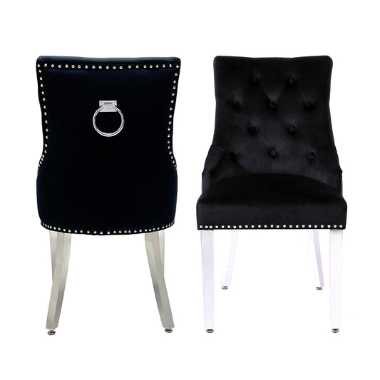 Valencia Velvet Dining Chair in Black Fabric Round Knocker Back with Chrome Polished Steel Legs (Set of 2 chairs)