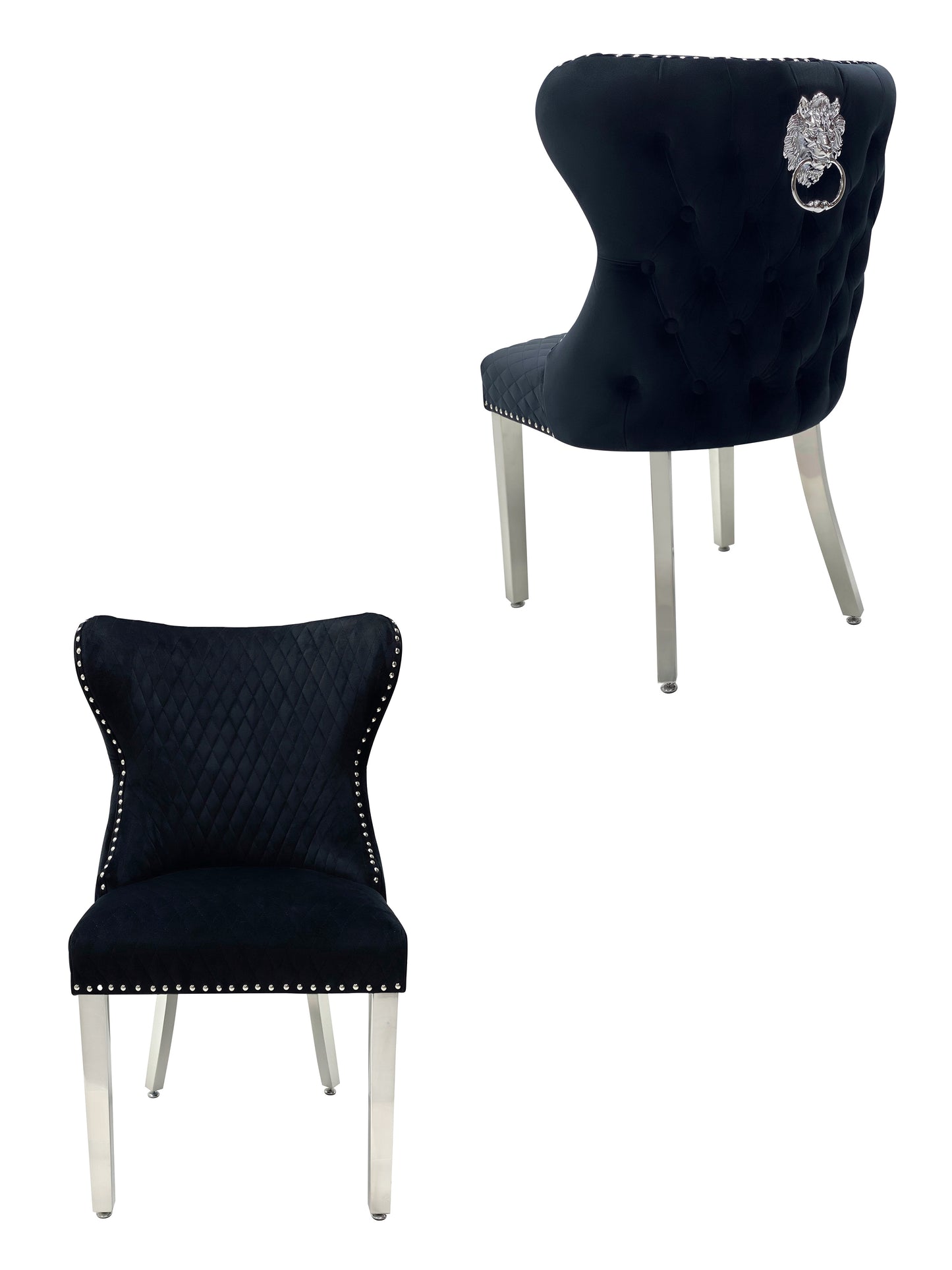 Dining Chair in Black Plush Velvet Lion Knocker Head Lewis Buttoned Back Quilted Front Studs on the Edge with Chrome Legs (Set of 2 chairs)