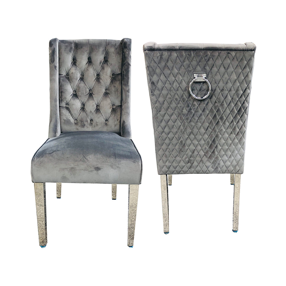 Kyoto Dining Chair Velvet Fabric Tufted Front Grey Color with Chrome Legs (Set of 2)