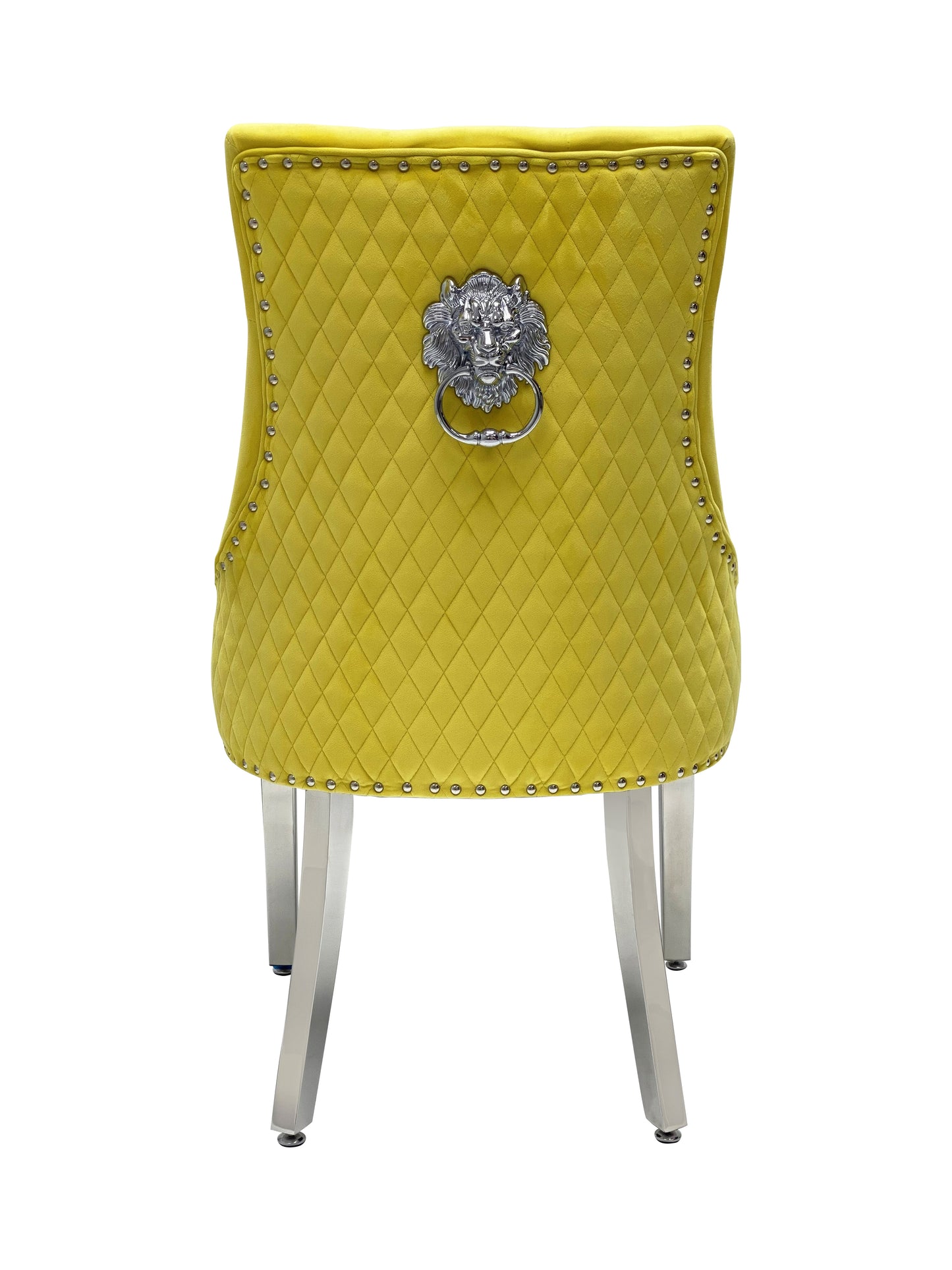 Majestic Dining Chairs in Mustard Plush Velvet Fabric Lion Knocker Back With Chrome Polished Steel Legs (Set of 2 Chairs)