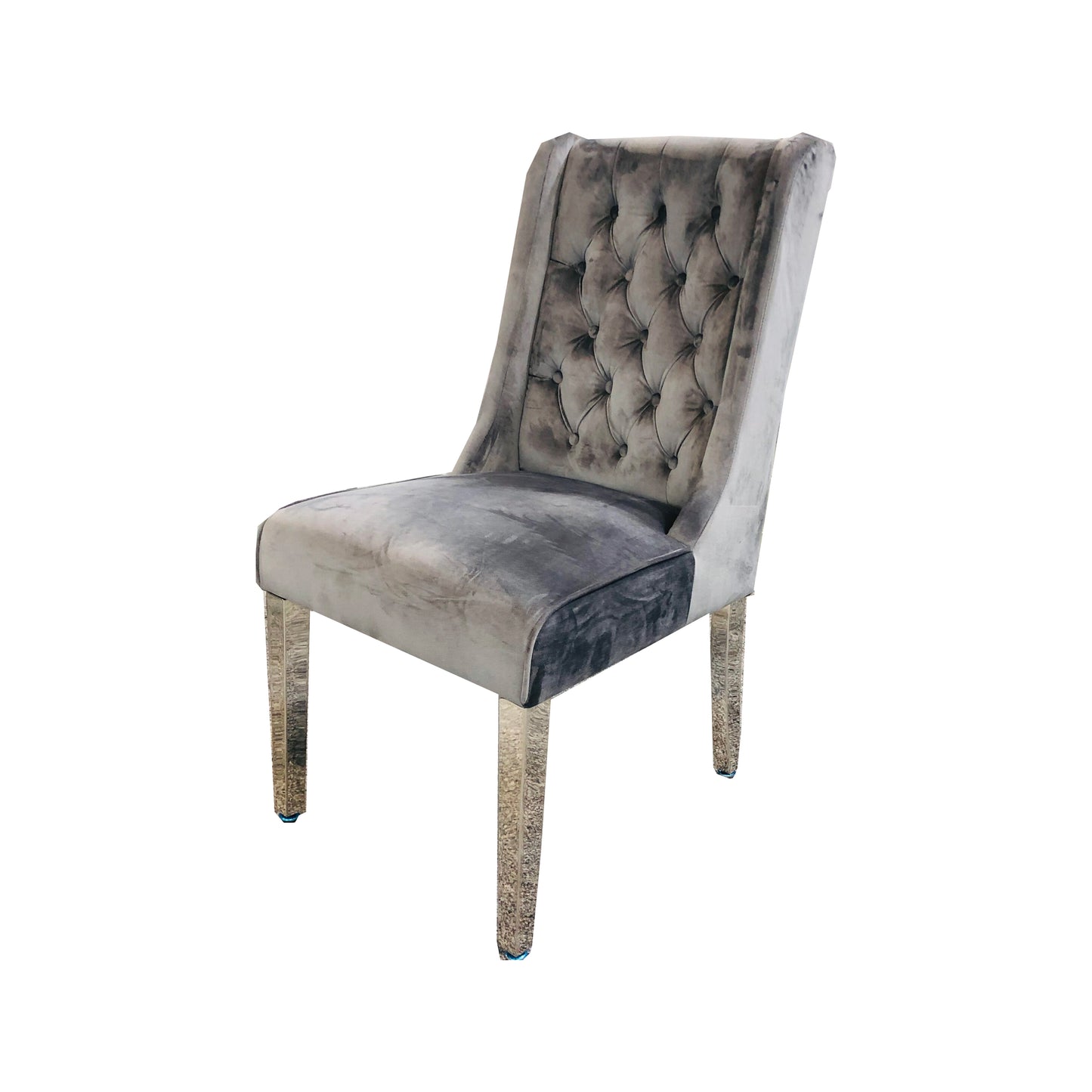 Kyoto Dining Chair Velvet Fabric Tufted Front Grey Color with Chrome Legs (Set of 2)