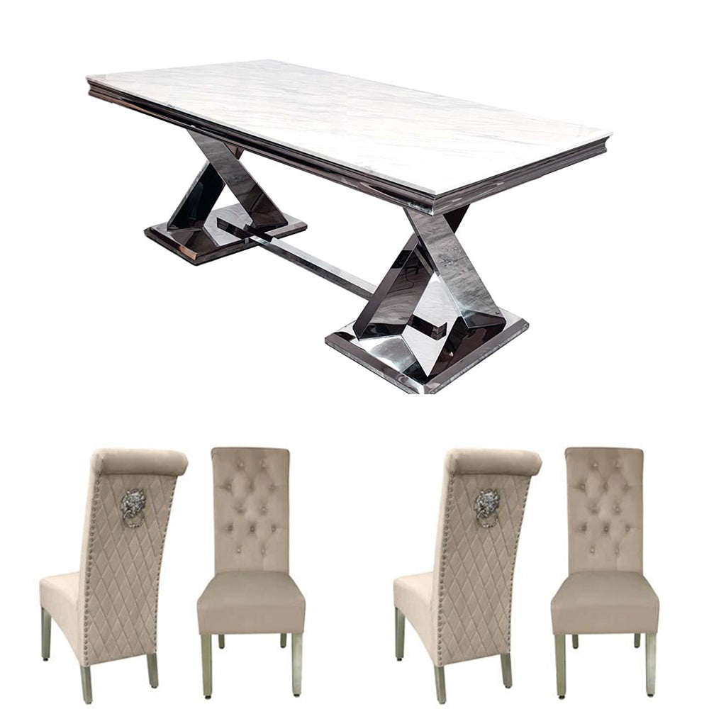 Xavia Marble Dining Table Set With Velvet Fabric Sofa Dining Chairs