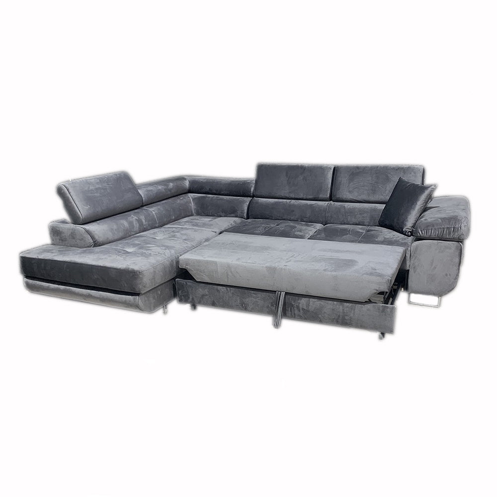 Nevada Grey Corner Sofabed Velour Fabric With Ottoman Storage And Adjustable Headrests With Chrome Legs